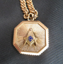 Masonic Gold Filled 8" Pocket Watch Chain & FOB with Gold Compass Freemason