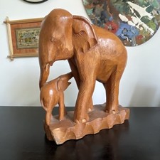 Vintage Large Hand Carved Teak Wooden Elephant & Baby Statue Solid Wood 31cm