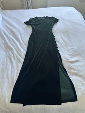 Zara Dark Green Velvet Short Sleeve Stretch Maxi Dress Size M Button Side Slits 