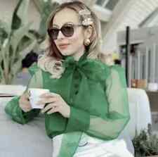 ZARA Green Semi Sheer Organza Blouse Top Shirt Pussy Bow Button Blogger Celeb XS