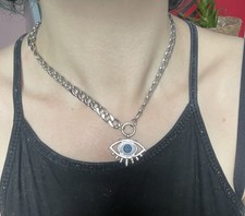 Chunky Silver Evil Eye Necklace Cuban Chain Alt Goth Boho Style New