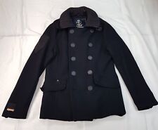 SUPERDRY SIZE S-M MENS BLACK WOOL BLEND DOUBLE BREASTED PEA COAT WINTER JACKET