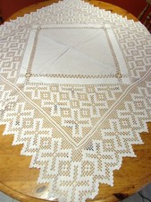 Vintage white lace edge table cloth, 50" x 50" with drawn thread work