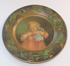 VTG CD Kenny Christmas Tin Litho Plate Girl Doll Hollly Trim 10" Advertising