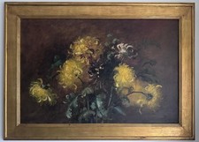 Antique large oil painting still life flowers Chrysanthemums framed 92/67 cm