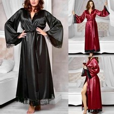 Womens Sexy Satin Silk Lace Long Kimono Bath Robe Bridal Dressing Gown Lingerie