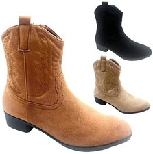 LADIES WOMENFAUX SUEDE WESTERN TEXAS COWBOY ANKLE S BLOCK HEEL ZIP UP BOOTS SIZE