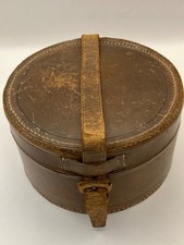 VINTAGE ROUND LEATHER COLLAR BOX WITH STRAP AND BUCKLE