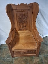 Pine Throne Chair With Intricate  Carving and Underseat Storage