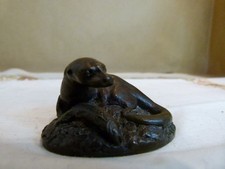 Solid Bronze Small Otter & Fish Signed JW6, Free Delivery