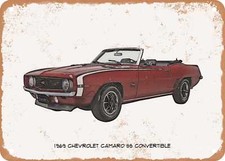 Classic Car Art - 1969 Chevy Camaro SS Pencil Sketch - Rusty Metal Sign