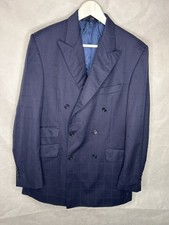 Aquascutum Blazer Mens 40L Blue Checked Wool Double Breasted Suit Jacket Smart