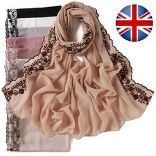 Chiffon Long Scarf Lace Edge Pearl Shawl Clover Embroidery Wrap Headscarf UK