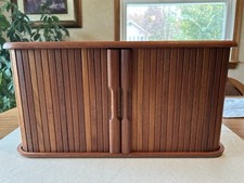 Brookstone MCM TeakWood Tambour Sliding Door Wall Hanging Floating Cabinet Shelf