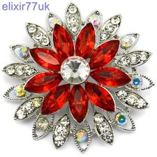 NEW 2.3" SILVER FLOWER BROOCH RED GEM DIAMANTE CRYSTAL WEDDING PARTY PIN BROACH