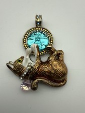 Kirks Folly Cat & Moon Pendant – Enamel Cat, Aqua Glass Moon, Crystals