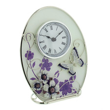 Beautiful 'Juliana,' oval, glass, clock decorated with purple flowers, crystals