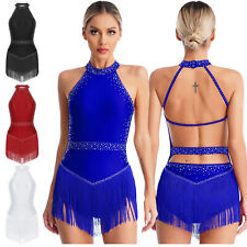UK Women's Tassel Latin Dance Dress V-neck Rhinestone Rumba Salsa Cha-cha Dance
