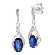 9ct White Gold Oval Sapphire 0.05ct Diamond 1.8cm Height Drop Earrings by Naava