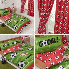 FOOTBALL RED CURTAINS / FITTED SHEET / DUVET COVER SET - JUNIOR SINGLE DOUBLE
