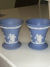 2 X Vintage Wedgwood Blue & White Jasperware  Vase. Cherub Themed - 8.5cm Tall