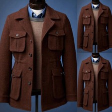 Vintage Wool Brown Men's Safari Jackets Multi Pockets Formal Hunting Warm Coat