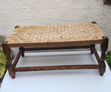 Vintage Woven String Footstool 1970's Long Wooden Rattan Boho Foot Stool