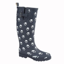 Ladies Wide Fit Navy Paw Print Rubber Wellington Boots – Strap & Gusset Design