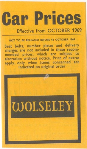 Wolseley price list 1969 - price,