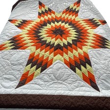 Vintage Handmade Harvest Lone Star Quilt Texas Orange Brown Fall Autumn READ