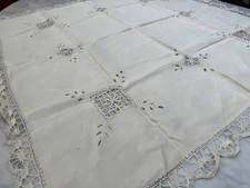 Vintage Hand-Embroidered Square Linen Tablecloth; Cutwork & Lace Inserts, c.1930