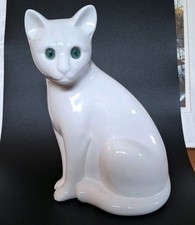 Vintage ELPA Alcobaca Big Ceramic White Cat Statue Blue Eyes 