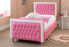 Girls Princess Bed 3FT Single Pink White Bed Diamond Faux Leather Bed