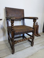 Cromwellian Revival Carved Oak and Leather Armchair Carver Chair #901