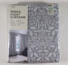 NEXT VINTAGE FLORAL JACQUARD PENCIL PLEAT LINED CURTAINS - GREY 117X183CM