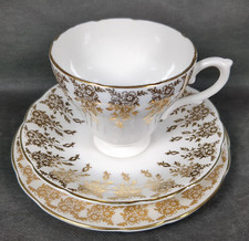 Vintage Sutherland ~ CUP, SAUCER & SIDE PLATE TRIO ~ White with Gold Design