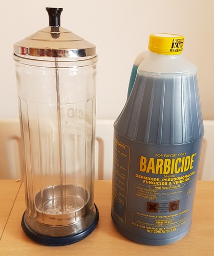 Barbicide disinfectant jar - barbicide, disinfectant,