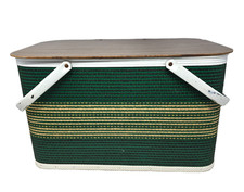Vintage Redmon Woven Picnic Basket Metal Handle Hinged Lid USA Green MCM