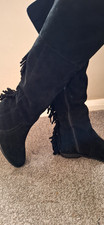 Black Suede Knee High Fringed Boots Size 5 ( 38)
