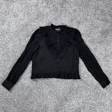 The Kooples Womens Retro Lace Jacquard Top Blouse Size S Black Crinkle Silk Goth