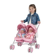 Pink Side by Side Twin Doll Stroller Pram Pushchair Kids Gift For Xmas Birthday