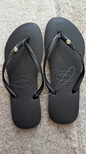 HAVAIANAS Black  FLIP FLOPS Ladies THONGS SANDALS Slim SW CRYSTAL  LOGO