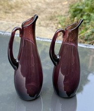 Vintage Amethyst Glass Krosno Jugs Small Hand Blown Purple Mid Century Pair