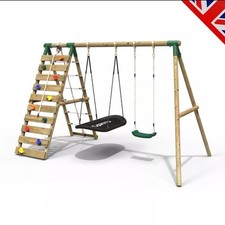 Rebo Wooden Swing Set with Up and Over Climbing Wall Sage Green