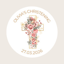 Personalised Round Christening Stickers / Baptism / Blessing Pink Floral Cross