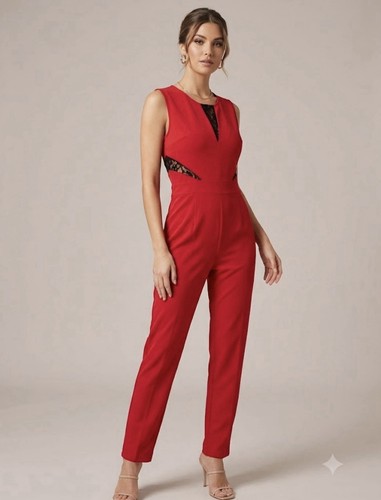 Red neck sleeveless lace - red,