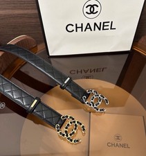 New CHANEL Belt Black Calfskin Leather Belt Gold/Silver Buckle 2 Color 30mm