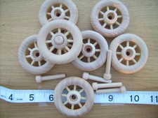4x Spoked wooden wheels + axles. 50mm  2" toys carts
