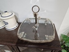 VTG silver-plated Glass servingTray with Heavy Silver Floral and  Rhinestones 
