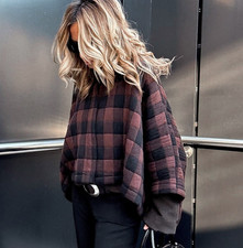 ZARA QUILTED CHECK KIMONO SLEEVE ASYMMETRICAL SHORT CAPE PONCHO CROP JACKET M